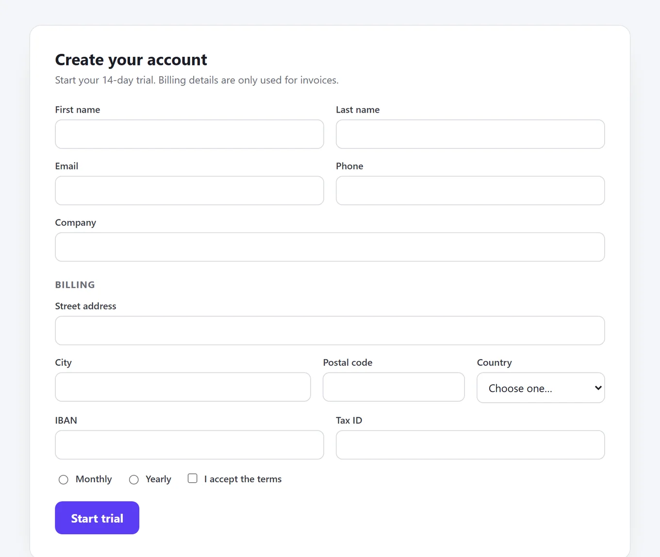 An empty sign-up form with name, email, phone, company, address, IBAN and tax ID fields