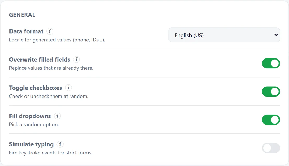 Form Filler settings: data format, overwrite filled fields, toggle checkboxes, fill dropdowns and simulate typing