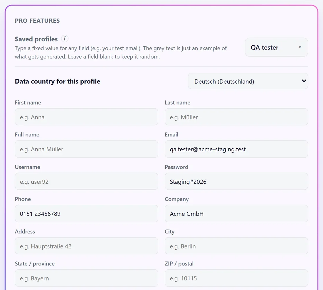Form Filler Pro settings: saved profiles with a data country and a fixed value for each field
