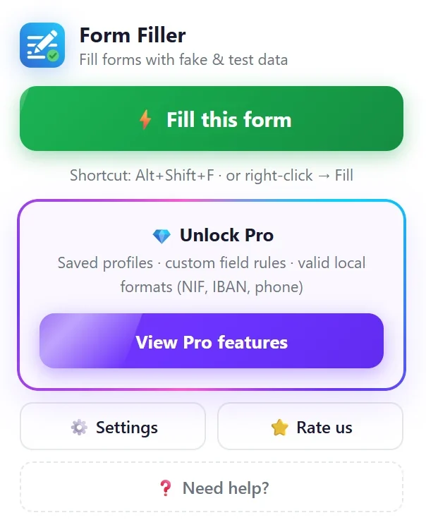 The Form Filler popup with the Fill this form button and the keyboard shortcut