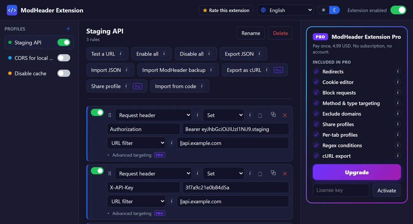 ModHeader Extension editor with profiles, header rules and the list of Pro features