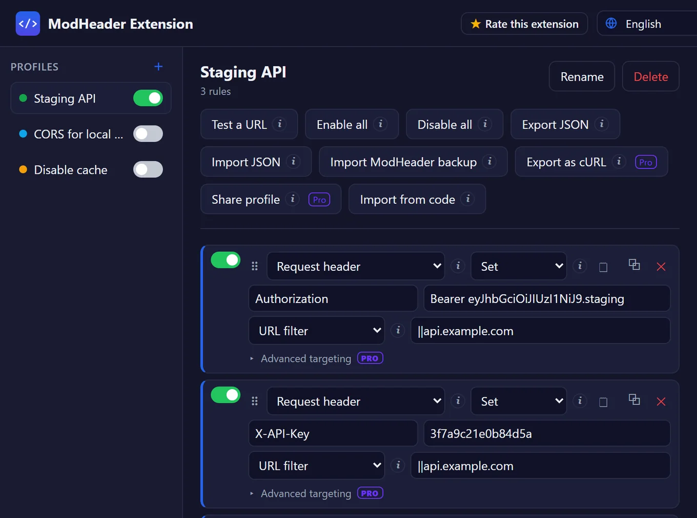 ModHeader Extension editor showing the Staging API profile with Authorization and X-API-Key request headers limited to api.example.com