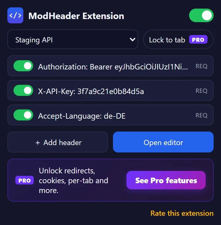 ModHeader Extension popup with a Staging API profile and three request headers switched on
