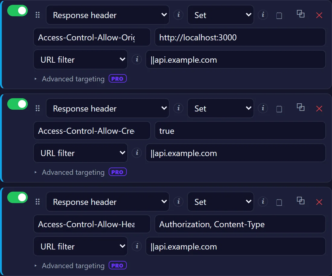 Three response header rules for api.example.com: Access-Control-Allow-Origin http://localhost:3000, Access-Control-Allow-Credentials true and Access-Control-Allow-Headers Authorization, Content-Type