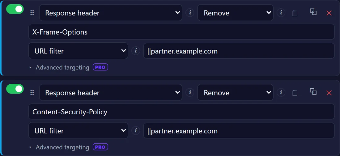 Two response header rules set to Remove, for X-Frame-Options and Content-Security-Policy, both limited to partner.example.com