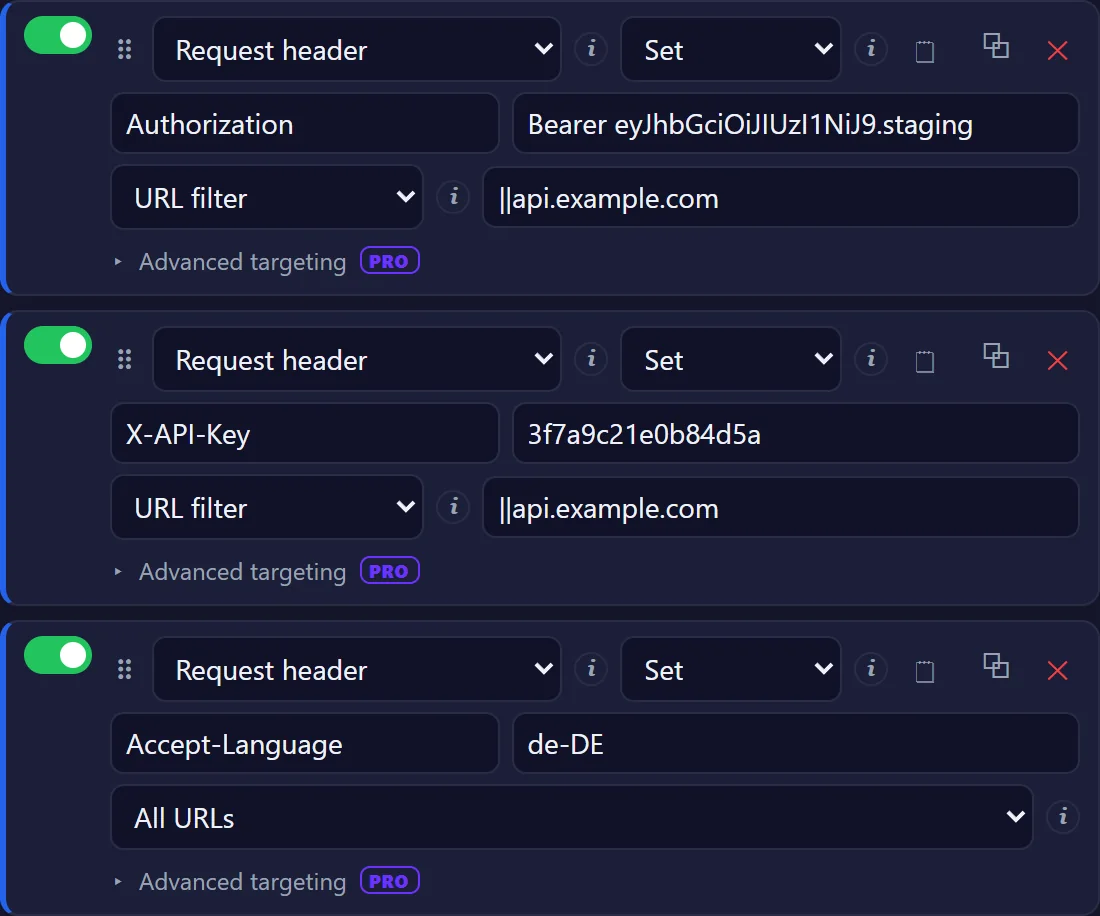 Three request header rules: Authorization and X-API-Key with a URL filter for api.example.com, Accept-Language on all URLs