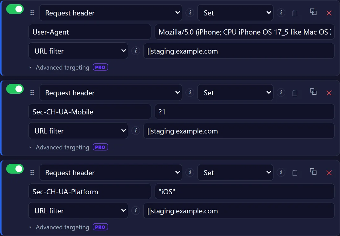 Three request header rules for staging.example.com: an iPhone User-Agent, Sec-CH-UA-Mobile set to ?1 and Sec-CH-UA-Platform set to iOS