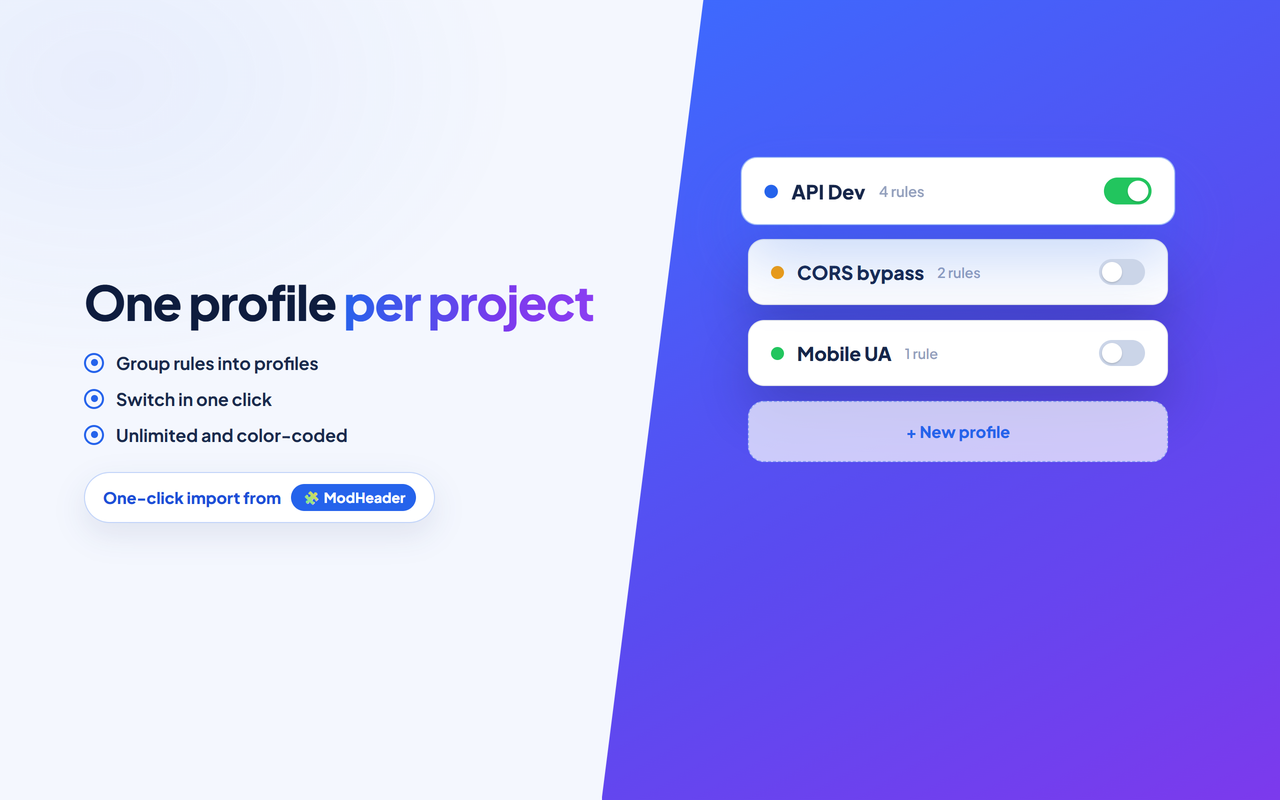One profile per project, import from ModHeader